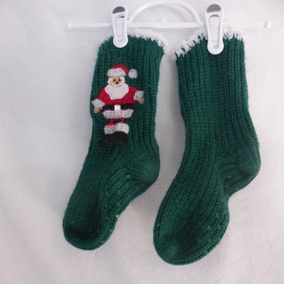 Non-slip, green knitted Santa socks with bottom grips and furry trim tops BNWOT - Picture 6 of 6